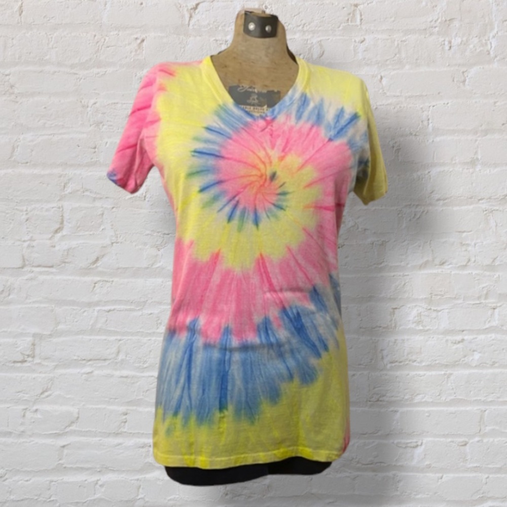 Koloa Pink Blue Yellow Tie Dye Short Sleeve Crew Neck Tee Shirt 100% Cotton